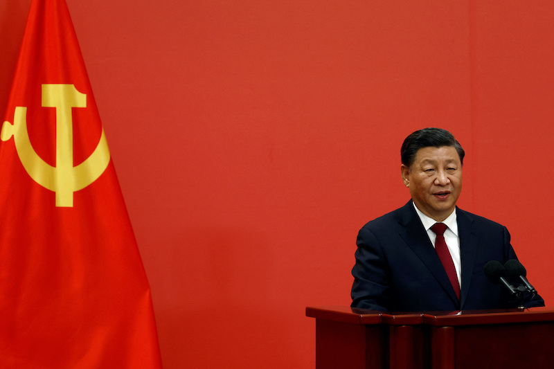 Chinese President Xi Jinping speaks as the new Politburo Standing Committee members meet the media following the 20th National Congress of the Communist Party of China, at the Great Hall of the People in Beijing, China, on October 23, 2022. REUTERS/Tingshu Wang