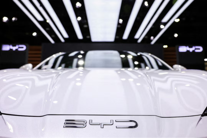 The BYD logos are displayed at the 45th Bangkok International Motor Show in Bangkok, Thailand