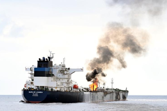 The Marlin Luanda oil tanker, operated by Singapore-based Trafigura, on fire after a missile strike by Iran-backed Houthi militants