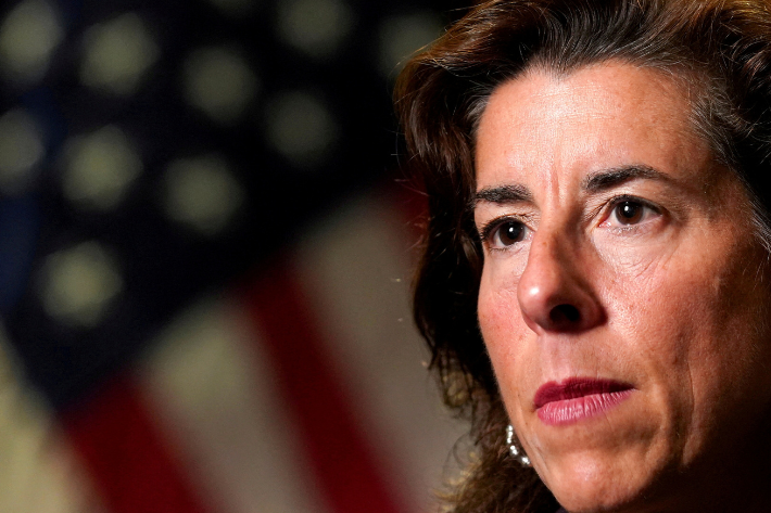 US Commerce Secretary Gina Raimondo listens to a question during an interview with Reuters at the Department of Commerce in Washington, US