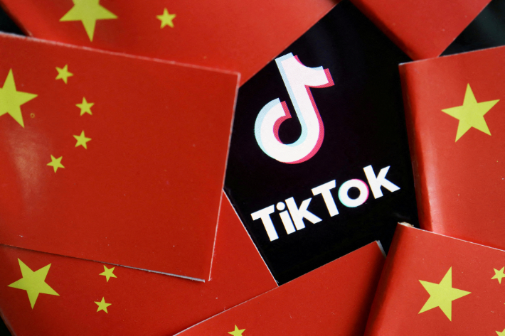 China's flags are seen near a TikTok logo in this illustration picture